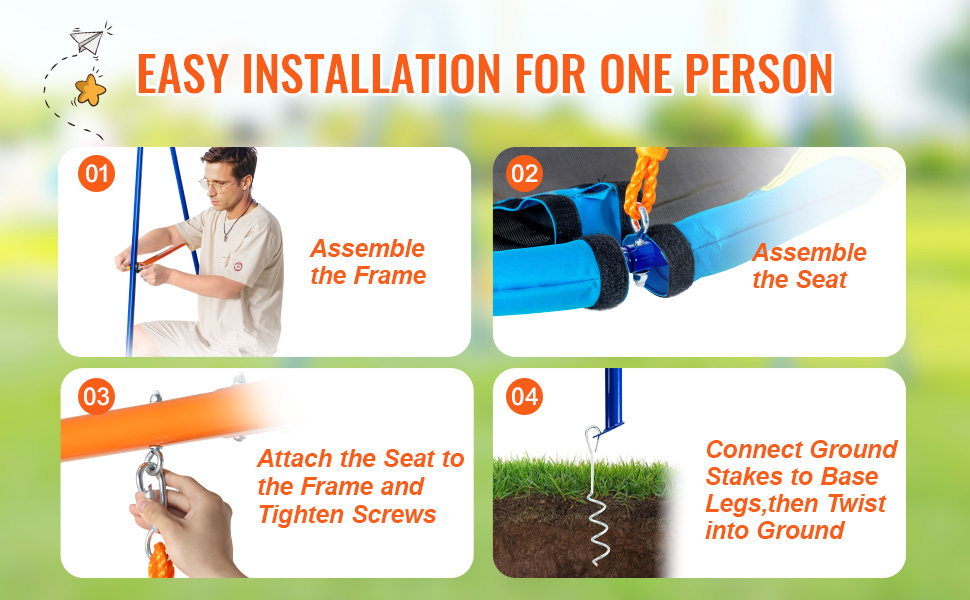 easy installation steps for VEVOR swing sets: assemble frame, seat, attach seat, and secure ground stakes.