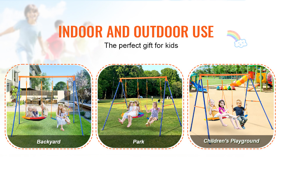 VEVOR swing sets for indoor and outdoor use in backyard, park, and children's playground.