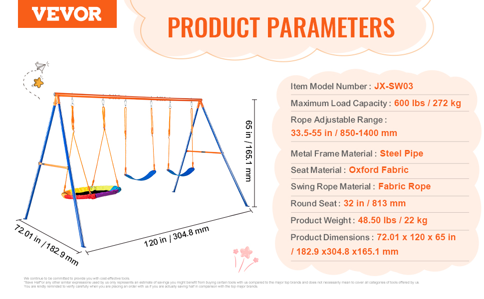 VEVOR swing sets product parameters, including load capacity, dimensions, and material specifications.