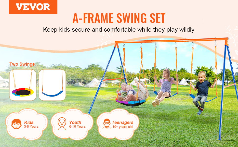 VEVOR swing sets: a-frame swing set for kids, youth, and teenagers with two swings in an open field.