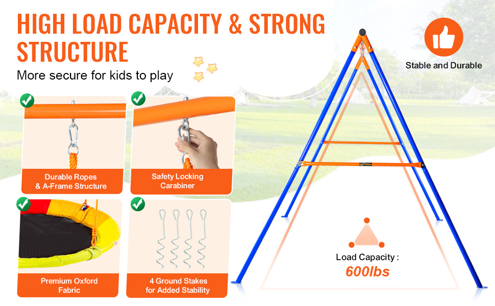 high load capacity and strong structure in VEVOR swing sets with durable ropes, carabiner, and 600lbs load.