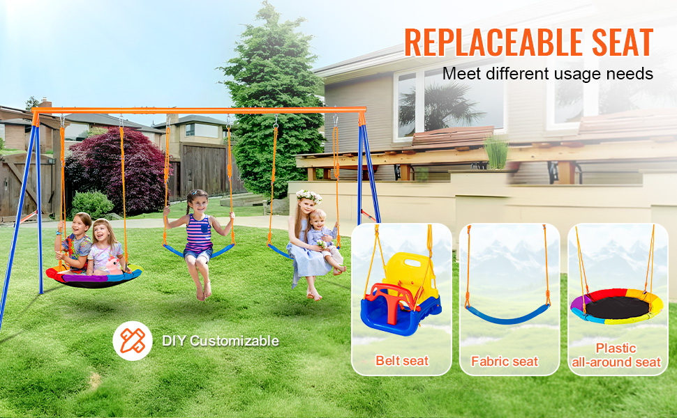 VEVOR swing sets with replaceable belt, fabric, and plastic all-around seats for kids in a backyard.