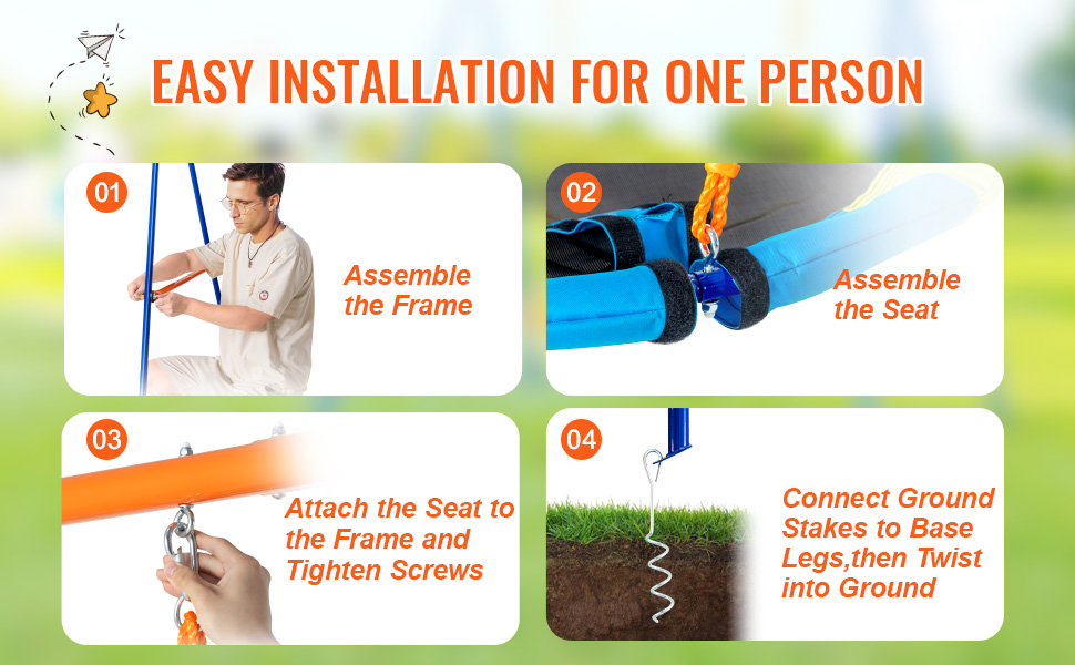 easy installation steps for VEVOR swing sets: assemble the frame, assemble the seat, attach and tighten, secure base.