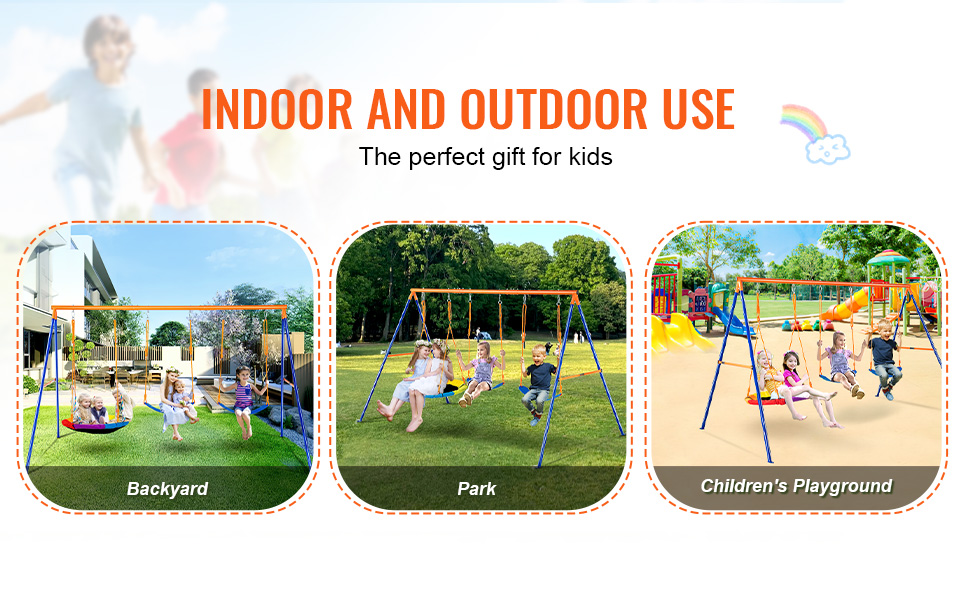 VEVOR swing sets for indoor and outdoor use shown in backyard, park, and children's playground.
