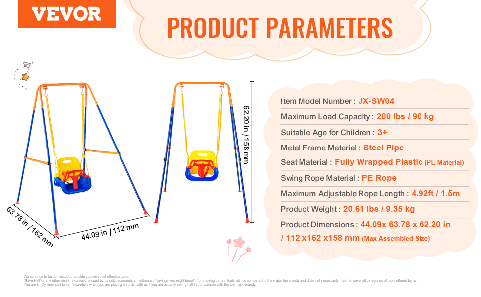 VEVOR swing sets parameters: model jx-sw04, steel frame, plastic seats, suitable for children 3+.