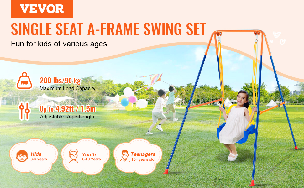 VEVOR swing sets for kids, showcasing single-seat a-frame swing on a sunny outdoor field.