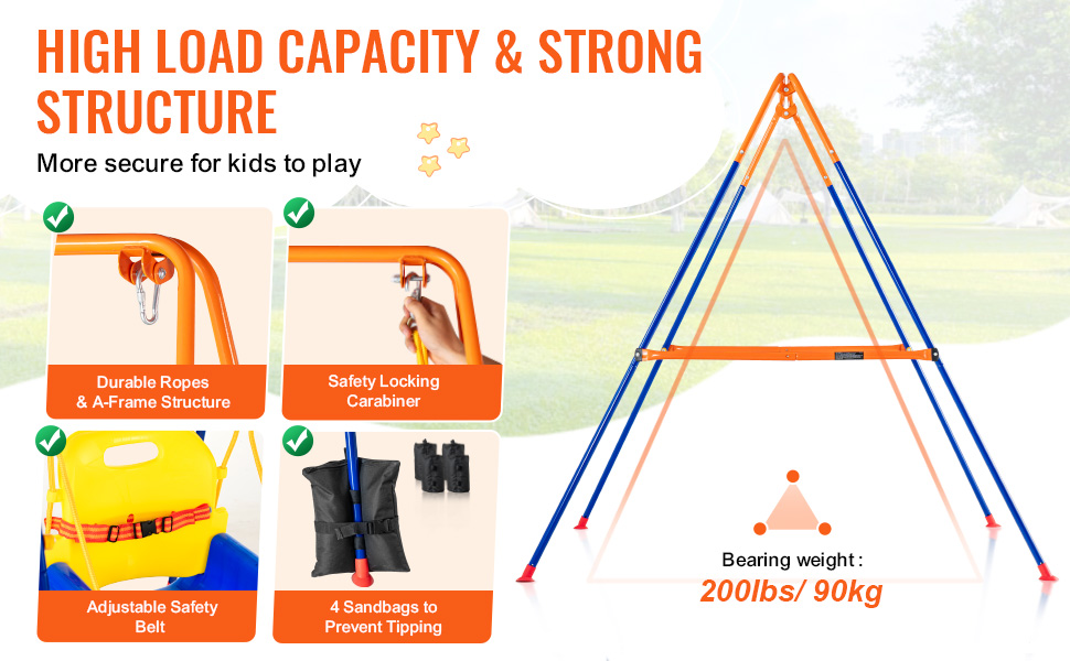 high load capacity VEVOR swing sets with safety belt, locking carabiner, ropes, and sandbags for stability.