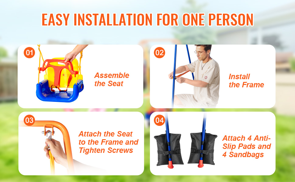 easy installation guide for VEVOR swing sets: assemble seat, install frame, attach seat, secure with pads and sandbags.