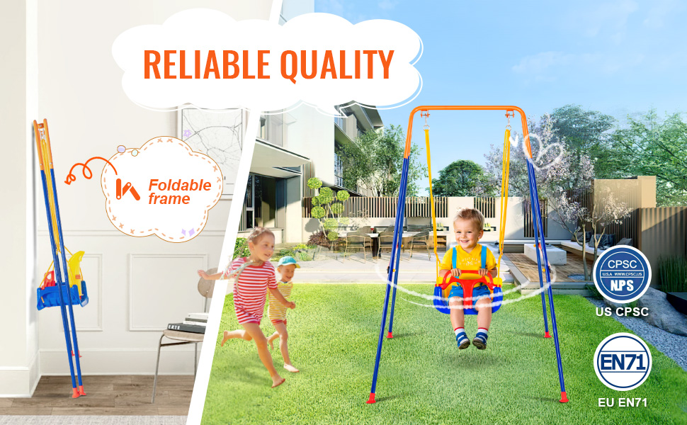 VEVOR swing sets with foldable frame for indoor and outdoor use. reliable quality and safety certified.