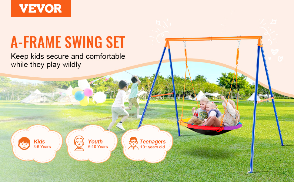VEVOR swing set for kids, youth, and teenagers, features an a-frame design in a vibrant outdoor park.