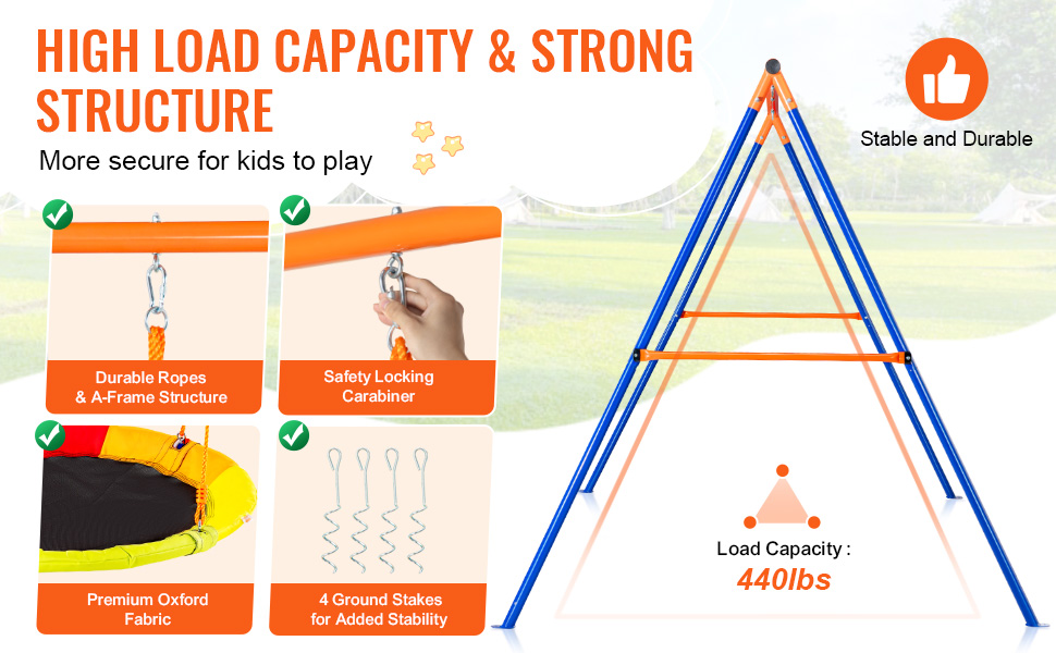 VEVOR swing set: high load capacity, durable ropes, carabiner safety, premium fabric, stable a-frame structure.