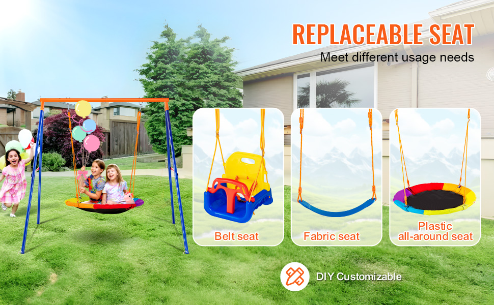 VEVOR swing set with replaceable seat options: belt seat, fabric seat, and plastic all-around seat.