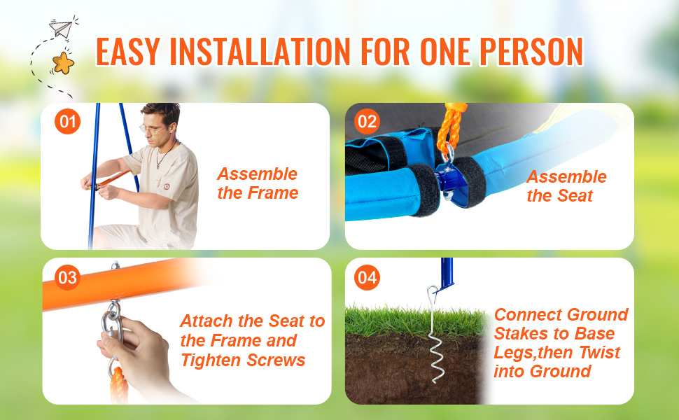 easy installation guide for one person to set up the VEVOR swing set with assembly steps and visuals.