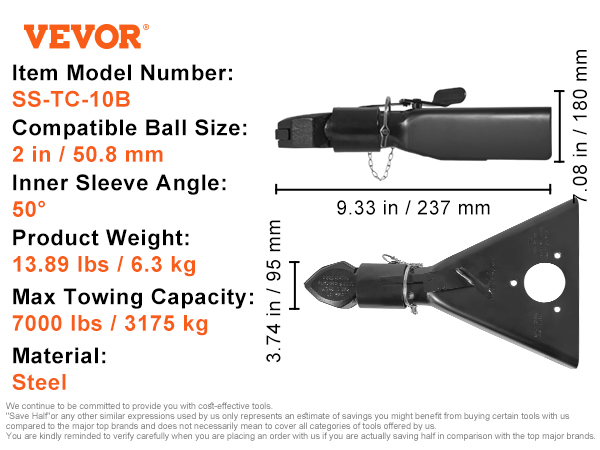 VEVOR a-frame trailer coupler, ss-tc-10b, steel, 7000 lbs capacity, 2 in ball, 50° angle, electrocoated.