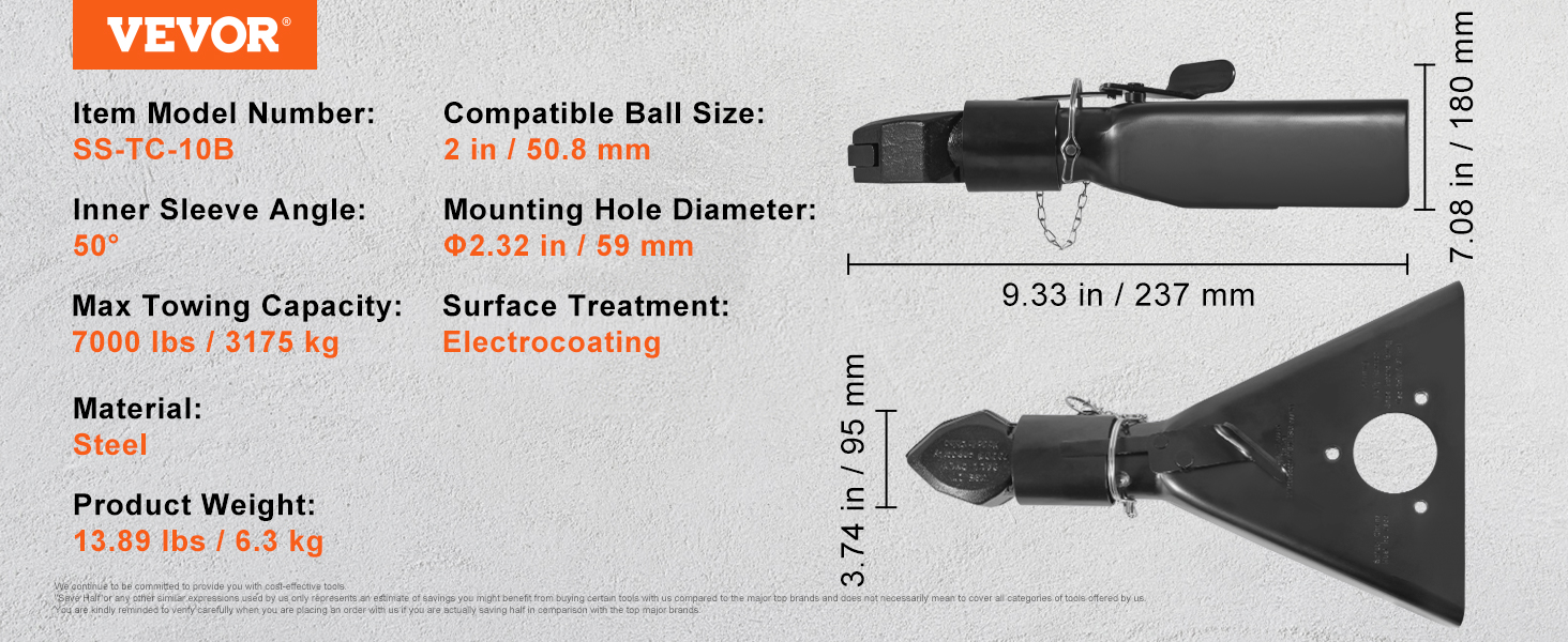 VEVOR a-frame trailer coupler, ss-tc-10b, steel, 7000 lbs capacity, 2 in ball, 50° angle, electrocoated.