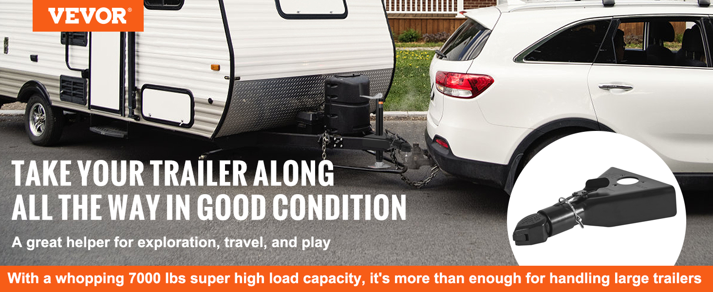 VEVOR a-frame trailer coupler connects suv to travel trailer for easy towing, 7000 lbs load capacity.