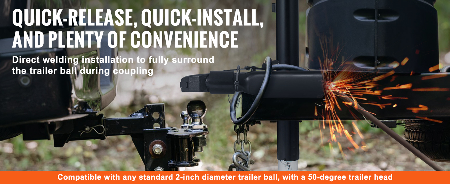 VEVOR a-frame trailer coupler welding installation with sparks for quick-release and secure coupling.