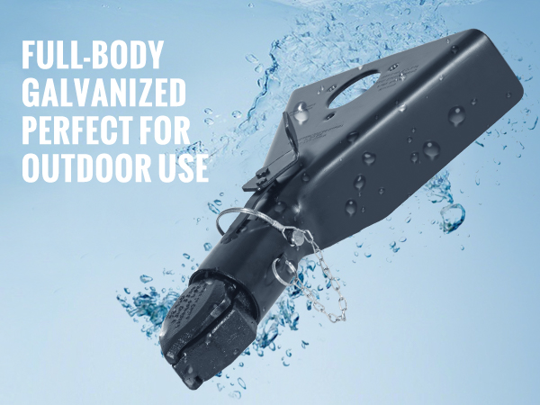VEVOR a-frame trailer coupler with galvanized body, rust resistance, and electrocoating for outdoor use.