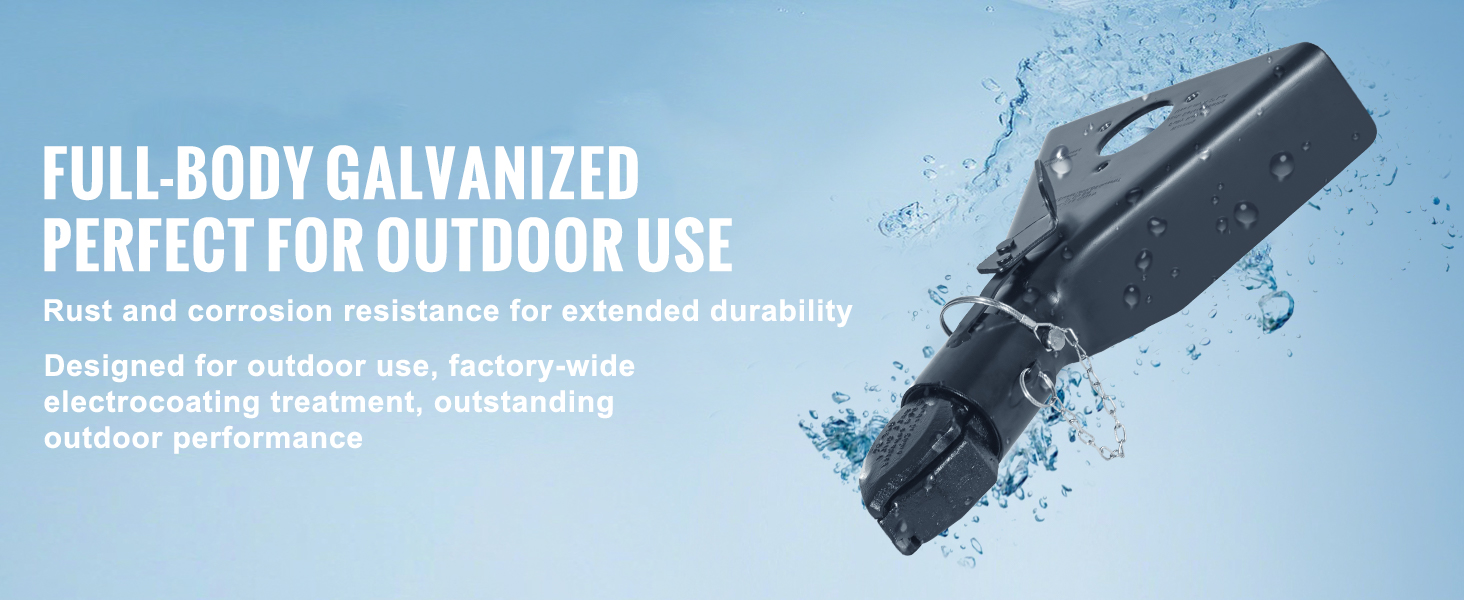 VEVOR a-frame trailer coupler with galvanized body, rust resistance, and electrocoating for outdoor use.