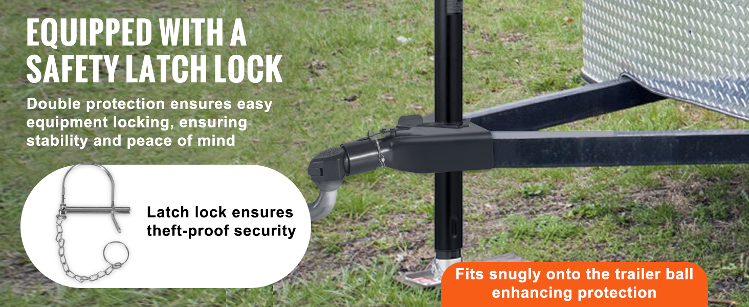 VEVOR a-frame trailer coupler with safety latch lock for theft-proof security and stable connection.