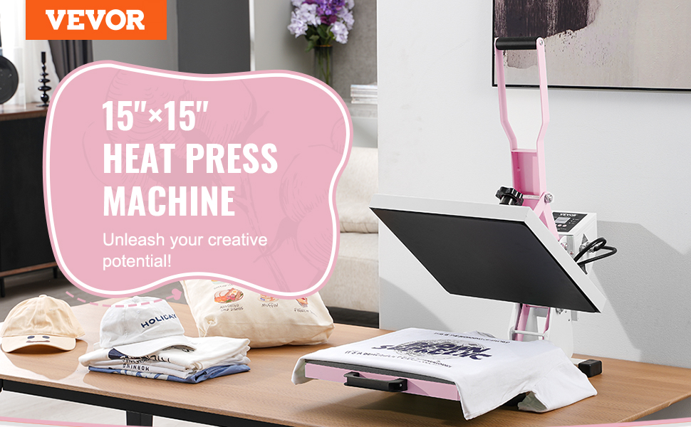 VEVOR heat press machine in use on a table with hats and bags, promoting creative versatility.