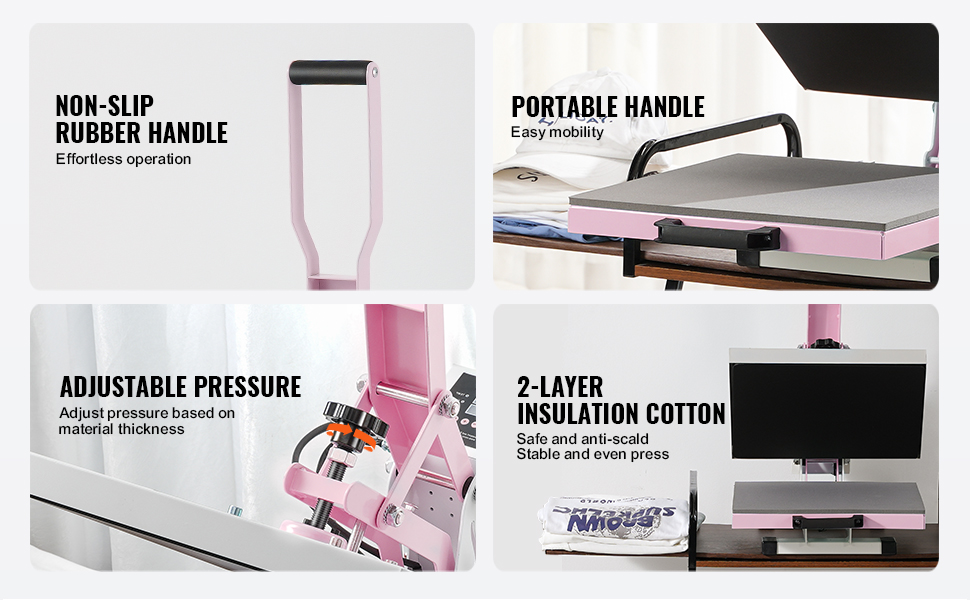 VEVOR heat press machine features: non-slip rubber handle, portable handle, adjustable pressure, and 2-layer insulation cotton.