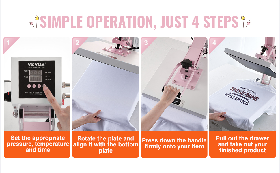 VEVOR heat press machine 4-step operation: set pressure, align plate, press handle, take out finished product.