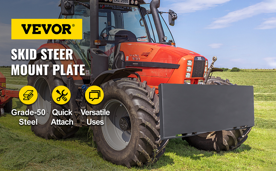 tractor in a field with VEVOR skid steer mount plate; grade-50 steel, quick attach, versatile uses.