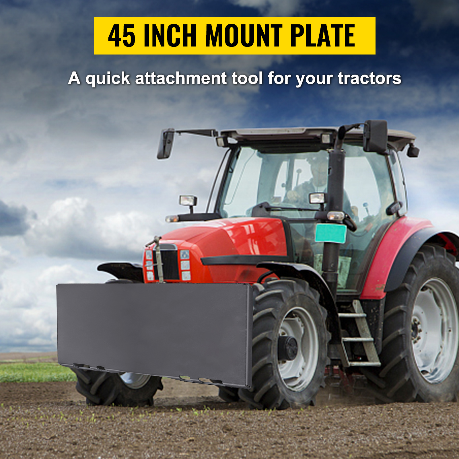 red tractor with VEVOR skid steer mount plate attachment in a field, blue sky.