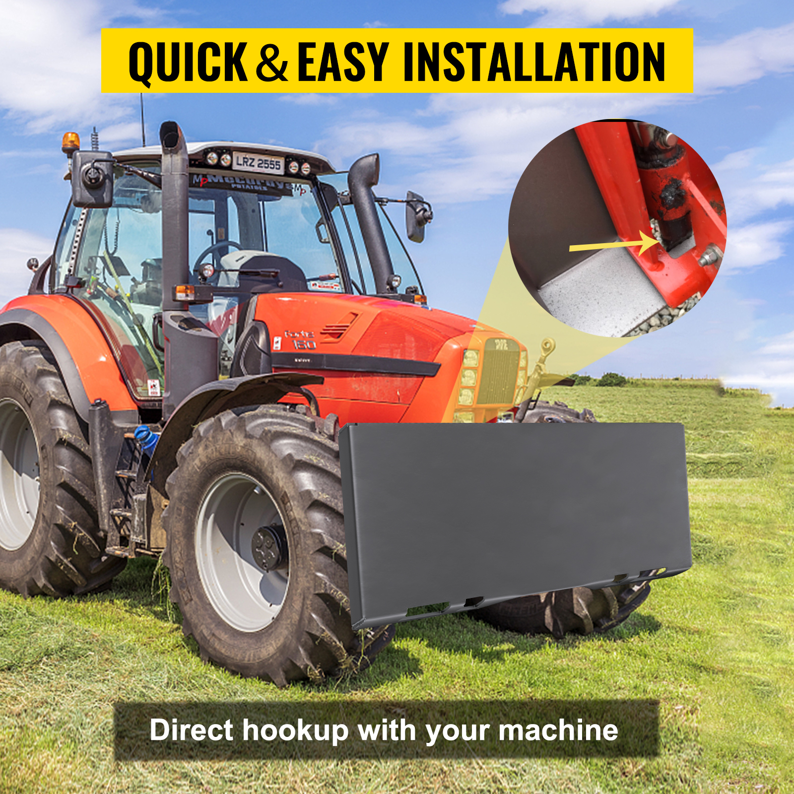 tractor with VEVOR skid steer mount plate, highlighting easy installation.