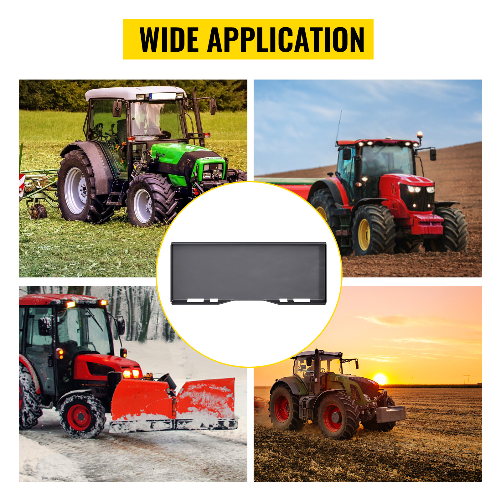 VEVOR skid steer mount plate in use on various tractors for wide applications.
