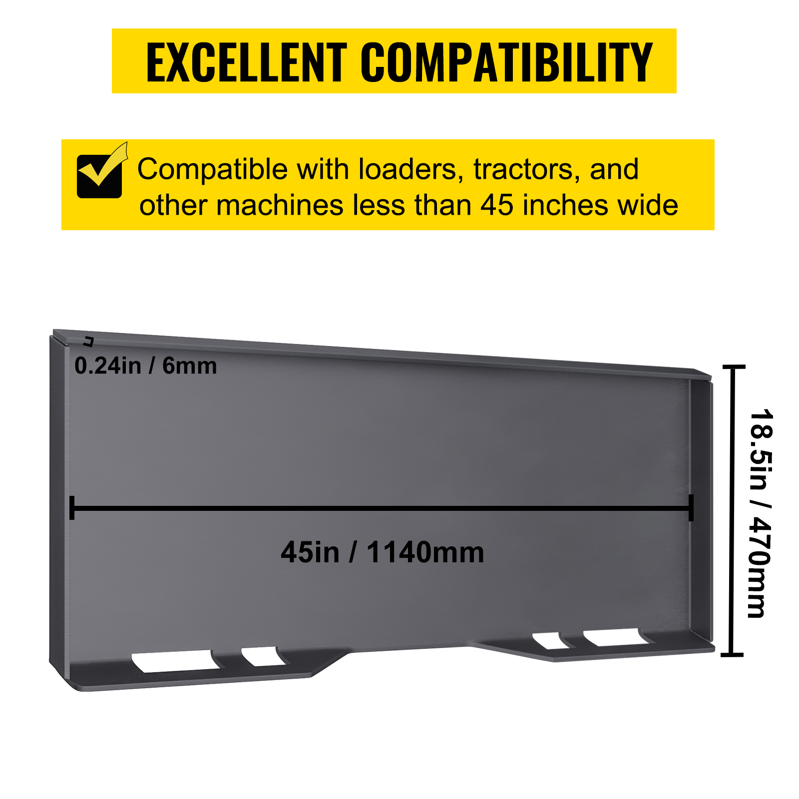 VEVOR skid steer attachment plate with dimensions and compatibility details.