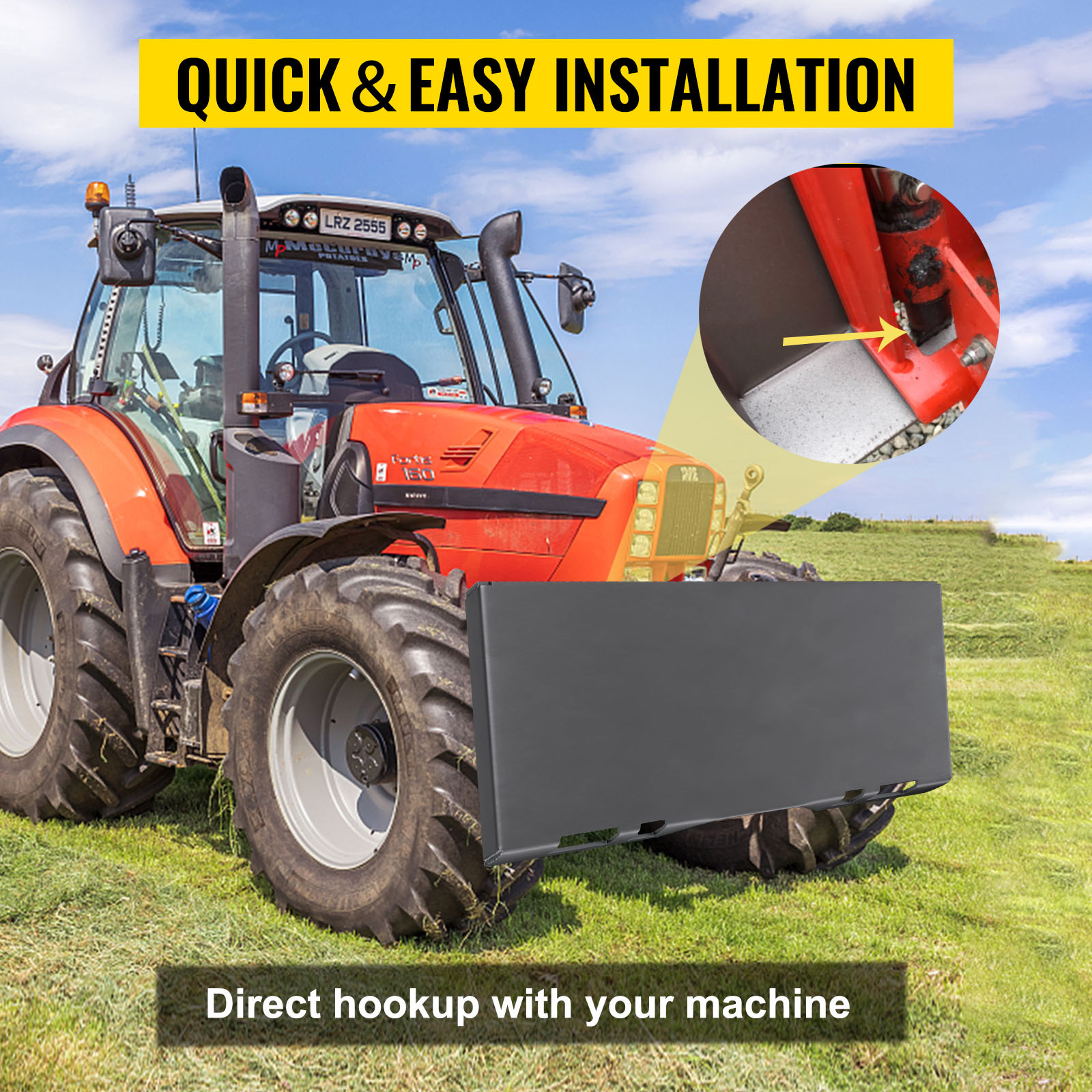 red tractor with VEVOR skid steer attachment plate in field, easy installation.