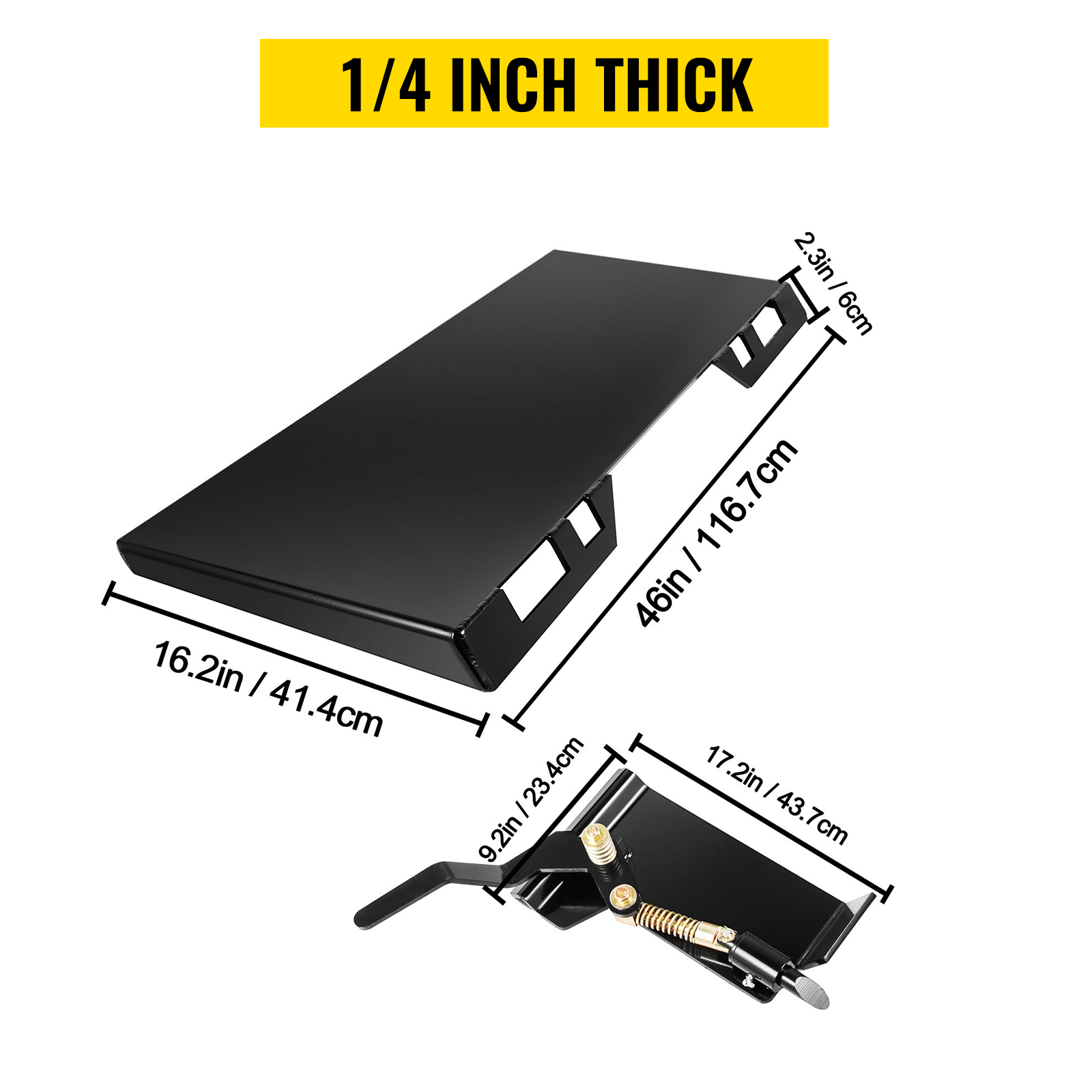 VEVOR skid steer attachment, dimensions and thickness labeled for accuracy.