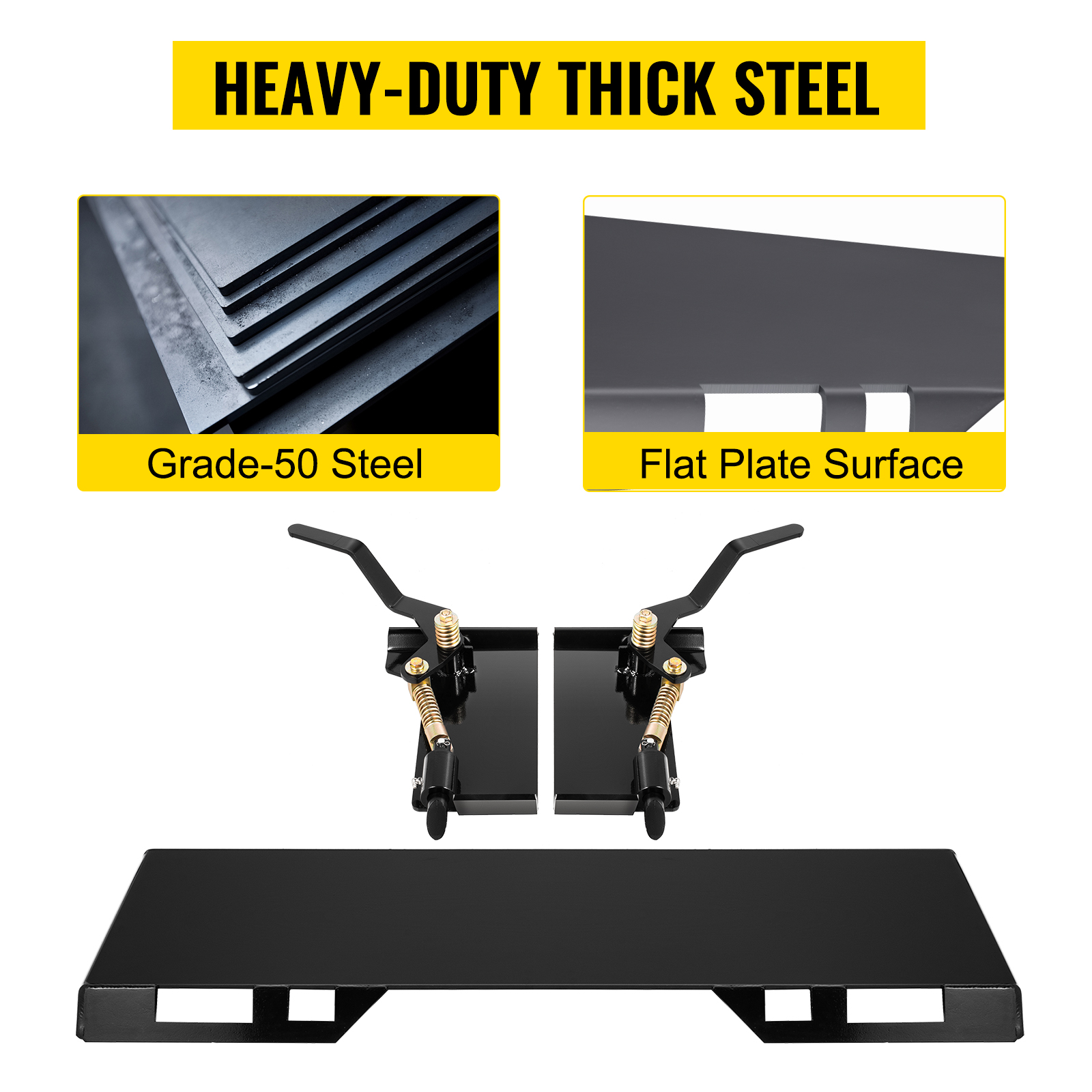 VEVOR skid steer attachment made of grade-50 steel, heavy-duty thick flat plate surface.
