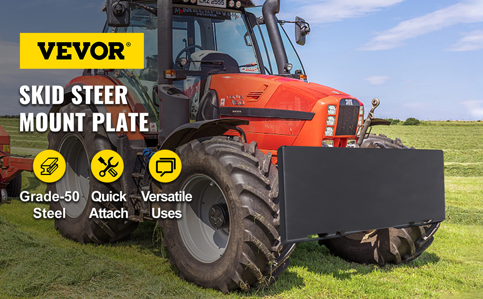 tractor with VEVOR skid steer attachment on grass field, highlighting grade-50 steel.