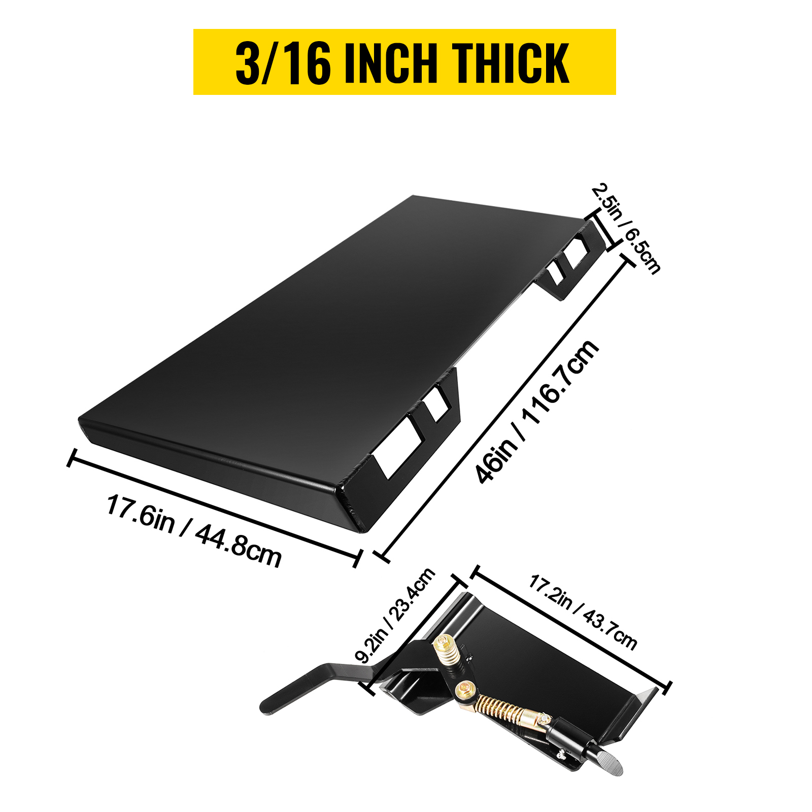 VEVOR skid steer attachment, 3/16 inch thick, 17.6x46 inches, detailed dimensions shown.