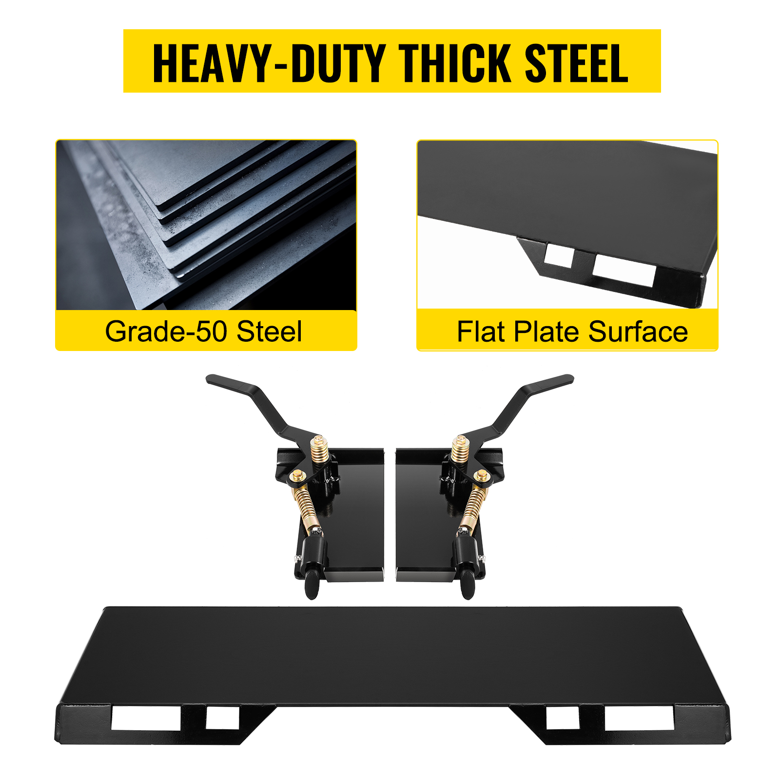 VEVOR skid steer attachment with grade-50 thick steel and flat plate surface.