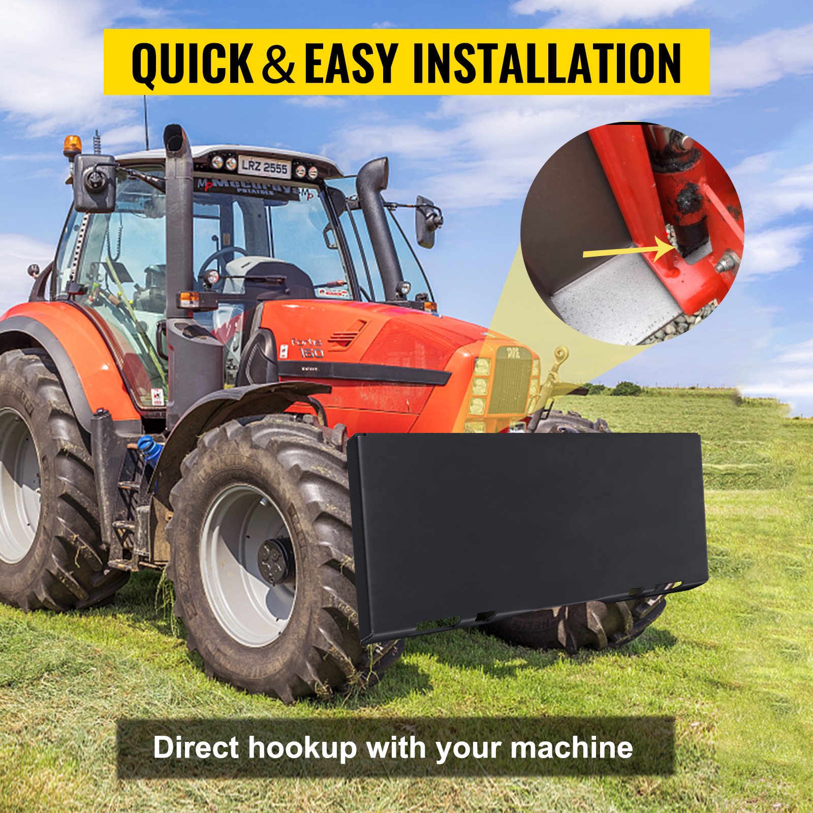 red tractor with VEVOR skid steer attachment, highlighting quick and easy installation.