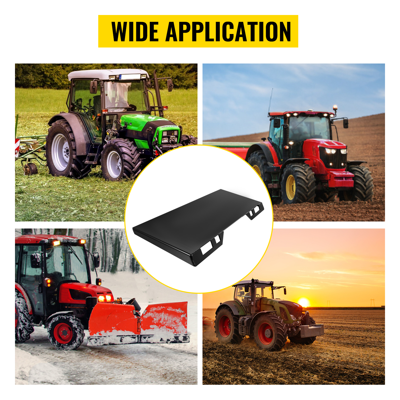 VEVOR skid steer attachment with various tractors in diverse agricultural settings.