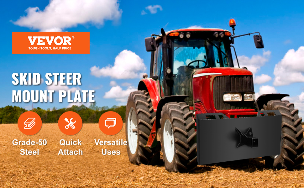 red tractor in field featuring VEVOR quick tach attachment amidst blue sky and clouds.