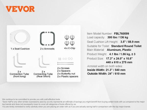 VEVOR raised toilet seat with handles and accessories, dimensions, and specifications listed.