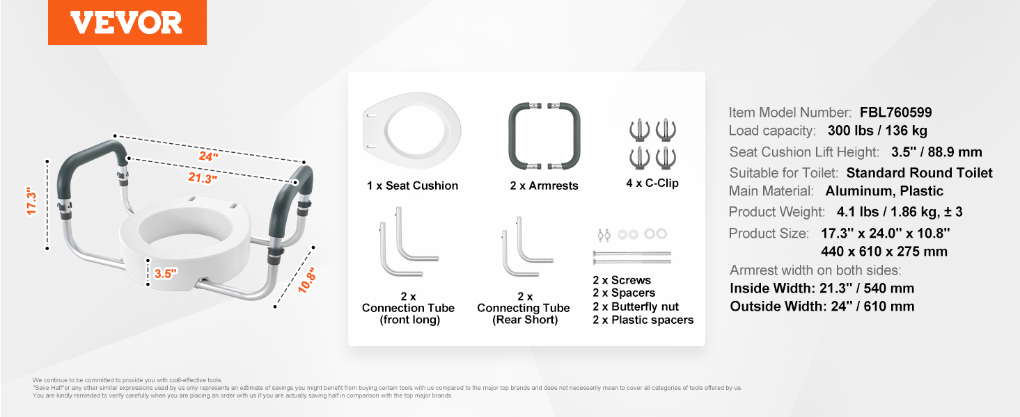VEVOR raised toilet seat with handles and accessories, dimensions, and specifications listed.