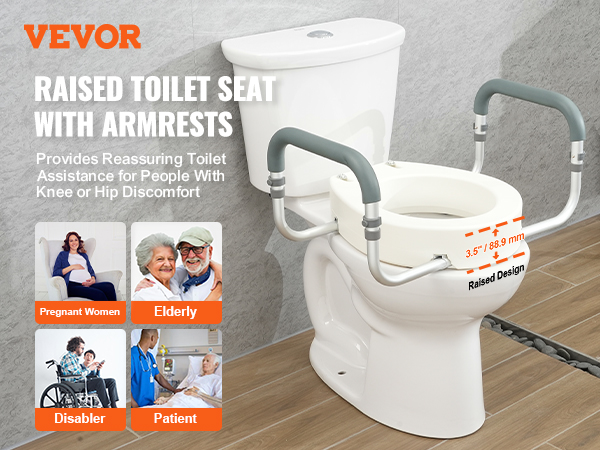 VEVOR raised toilet seat with armrests providing assistance for elderly, disabled, and patients.