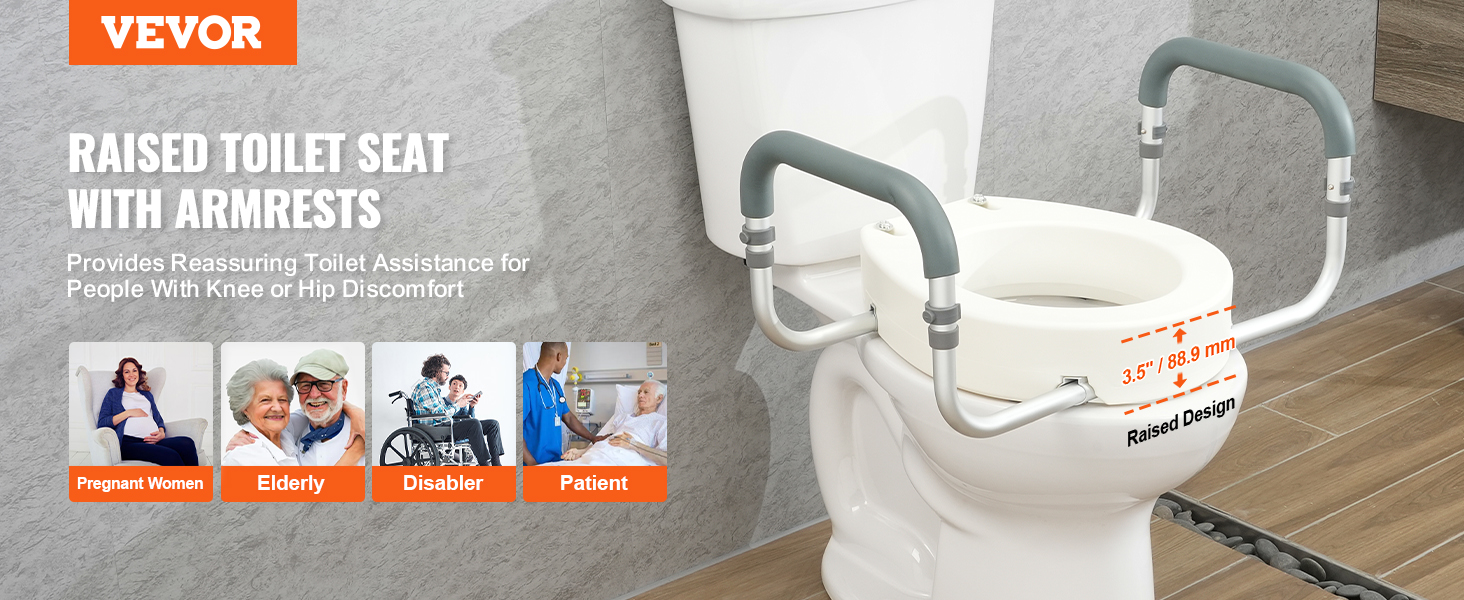 VEVOR raised toilet seat with armrests providing assistance for elderly, disabled, and patients.