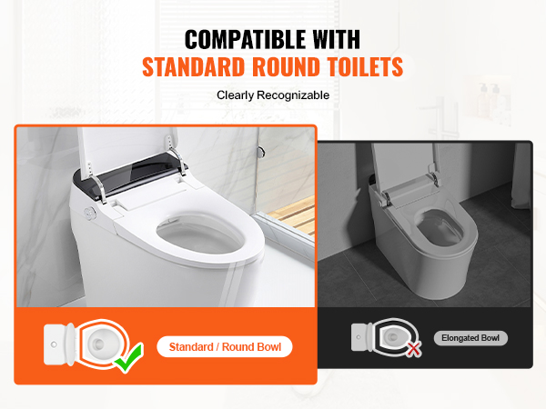 VEVOR raised toilet seat compatible with standard round bowls, not suitable for elongated bowls.