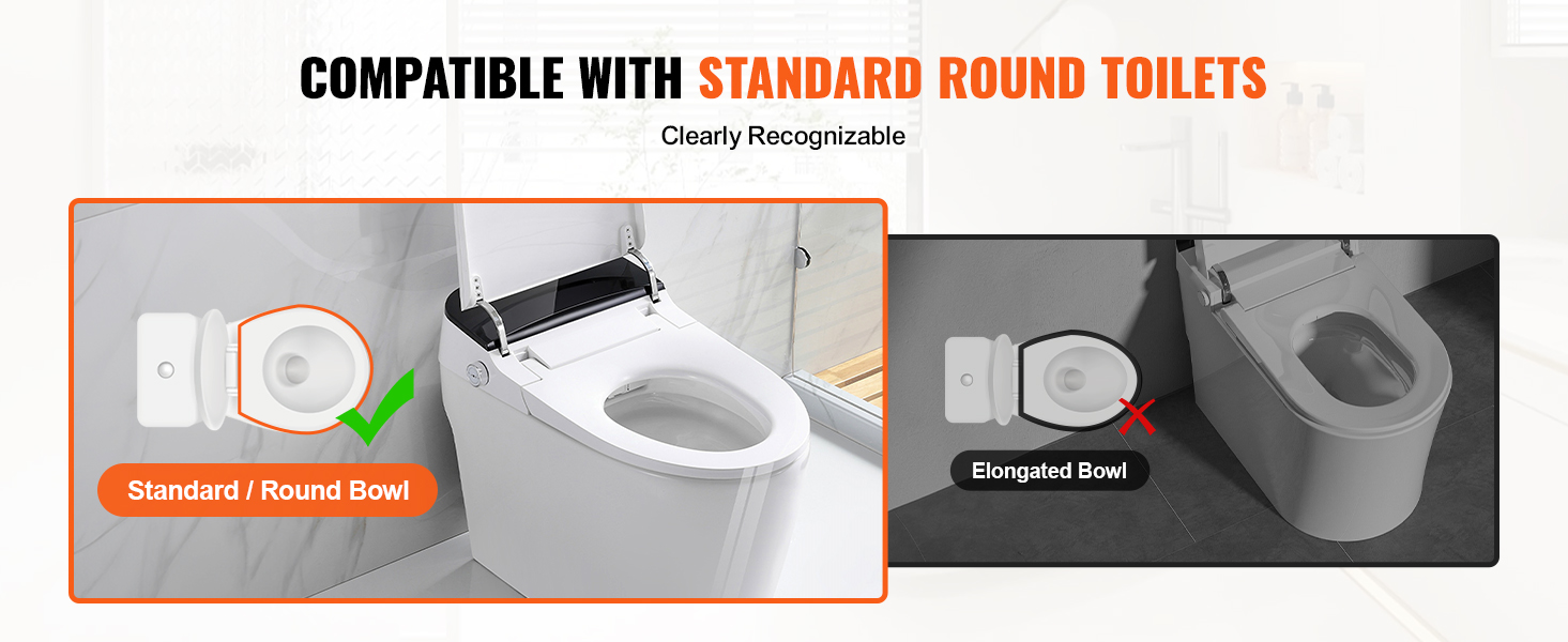 VEVOR raised toilet seat compatible with standard round bowls, not suitable for elongated bowls.