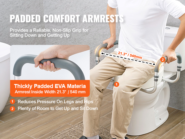 padded comfort armrests on VEVOR raised toilet seat for non-slip grip and ease of sitting down.