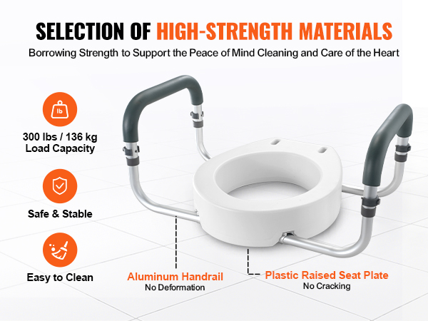 VEVOR raised toilet seat with aluminum handrails and plastic seat plate, 300 lbs load capacity, easy to clean.