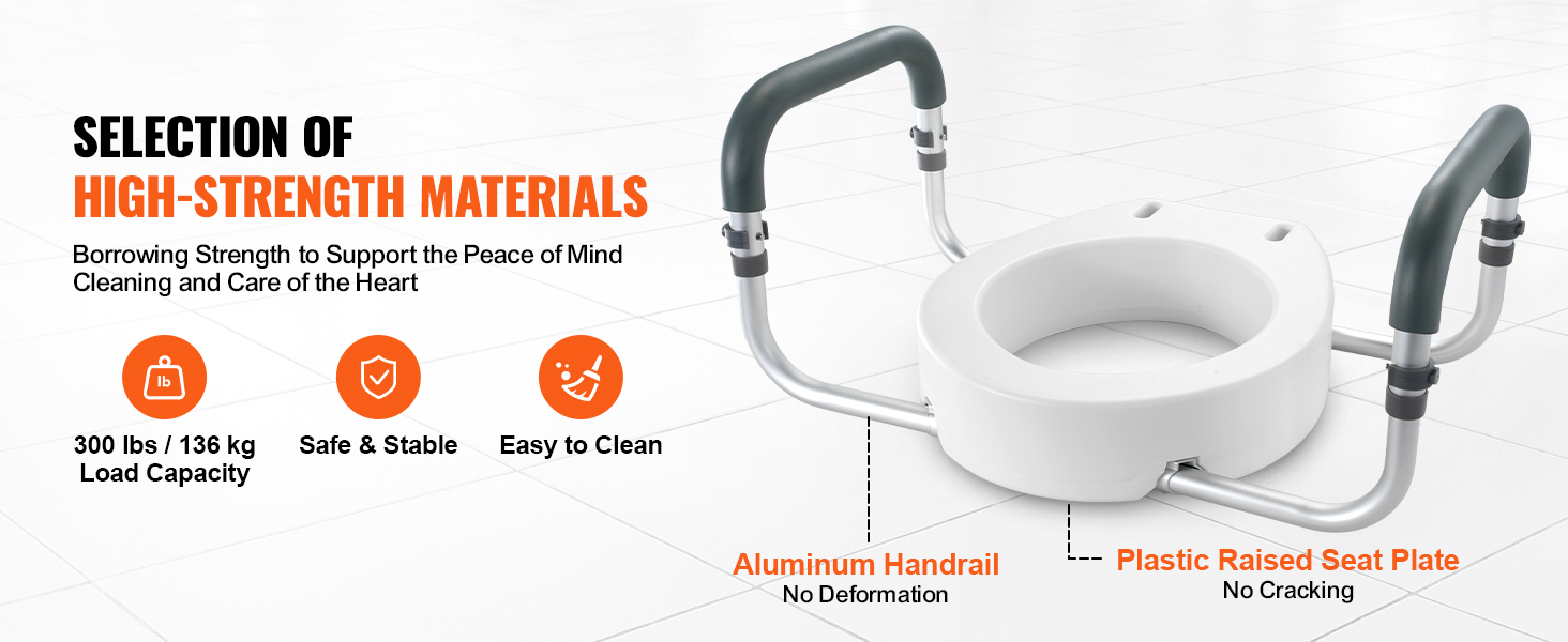 VEVOR raised toilet seat with aluminum handrails and plastic seat plate, 300 lbs load capacity, easy to clean.